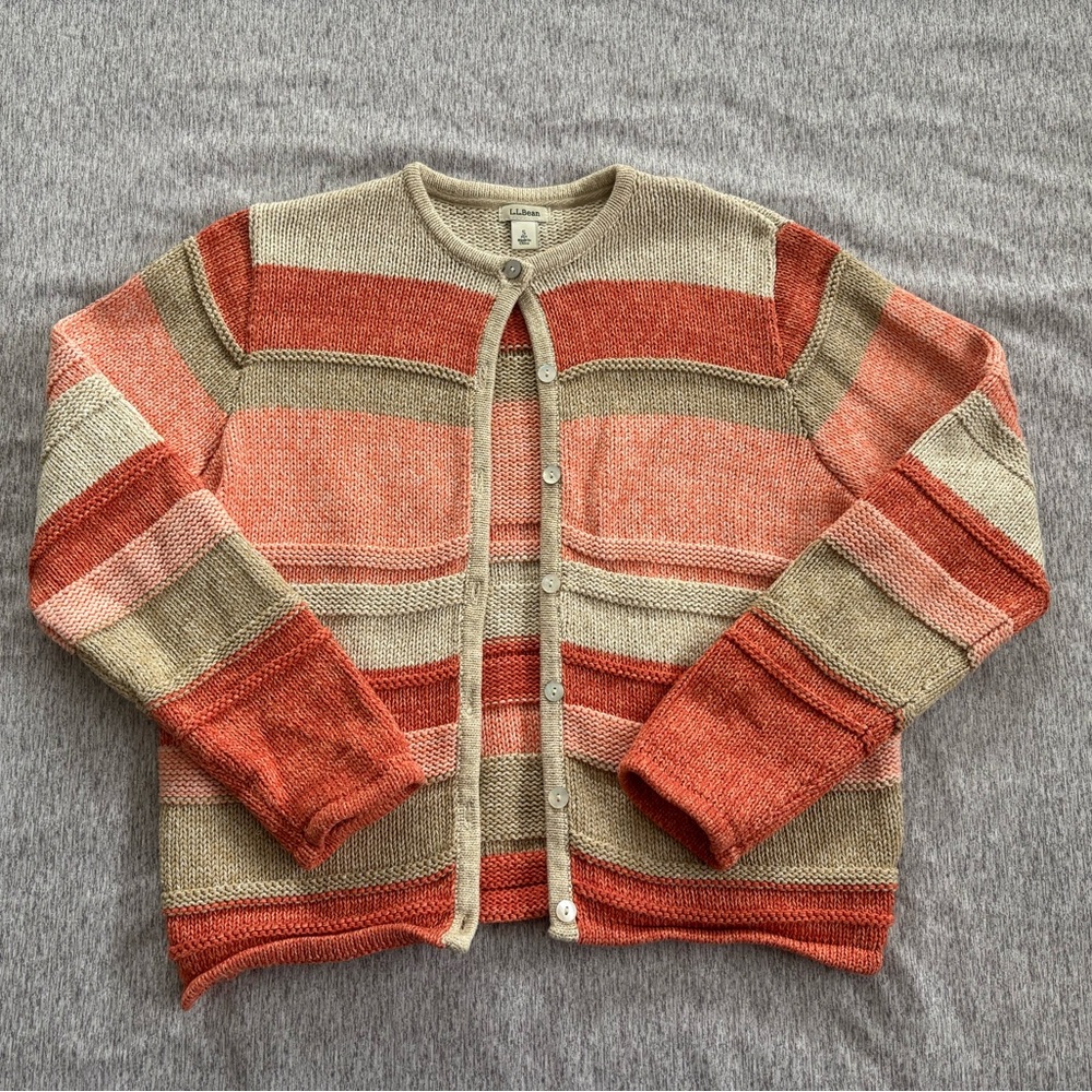 100% Cotton L.L. Bean Beige and Peach Knit Cardigan